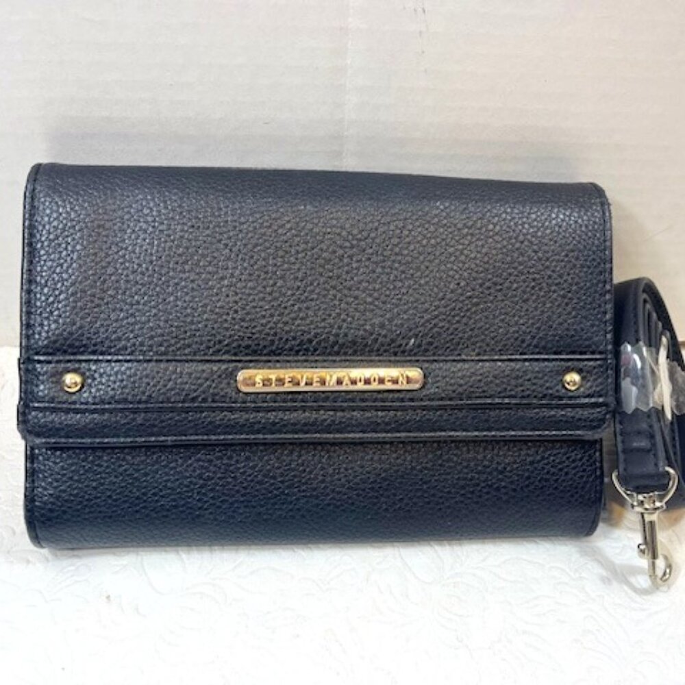 Steve Madden Black Faux Leather Crossbody Purse Clutch Gold Tone Hardware